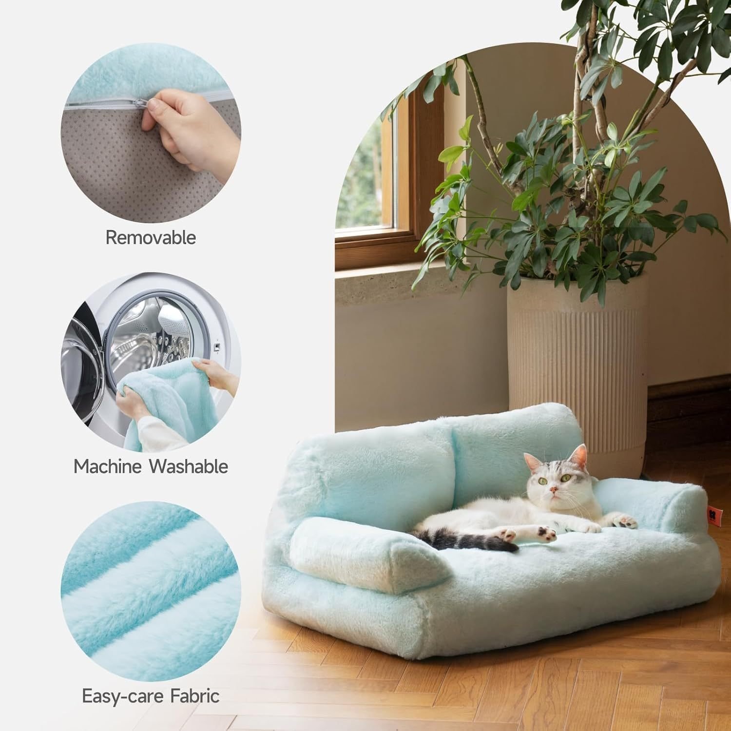 MEWOOFUN Plush Cat Bed For Indoor Cats - Washable 26x19x13 Inch Pet Couch With Non-Slip Bottom, Fluffy Small Dog Bed For Puppies & Kittens, Blue - Image 4